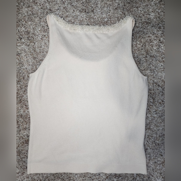 Ann Taylor Cream Ivory Tank Top Cami Pearl Embellished Neckline Cashmere Silk Lg - Picture 4 of 10